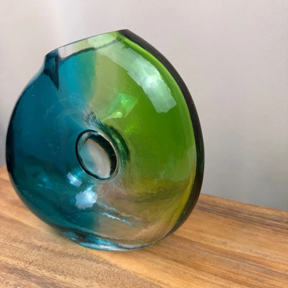 Art Glass Vase Teal Green Two Tone Organic Shape Hand Blown Modern Decor 8.75in